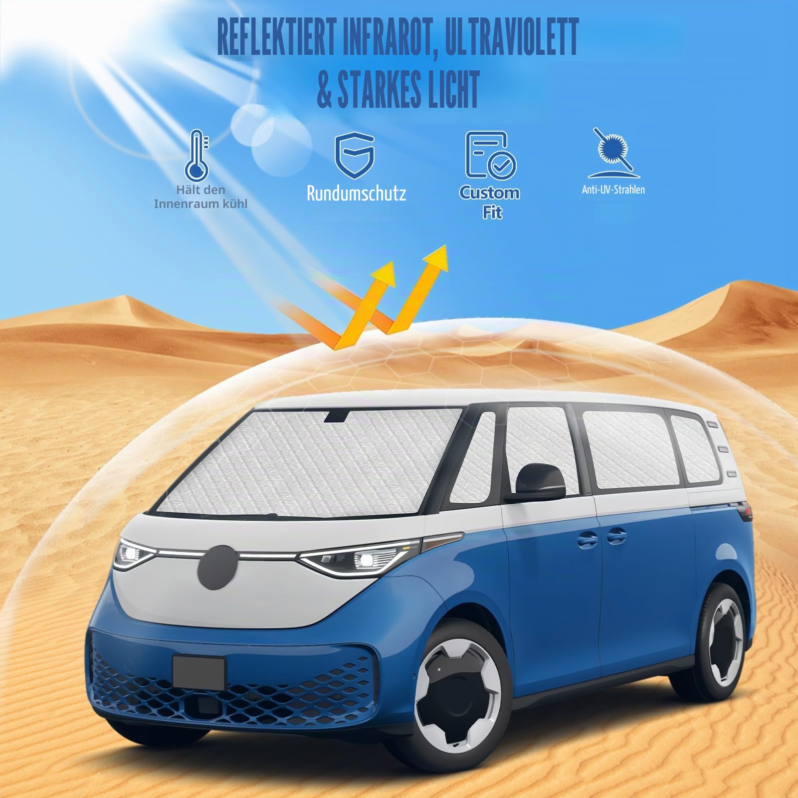 Sonnenschutz Kompatibel mit VW ID Buzz 2022-2026 LWB, 10 PCS Auto Frontscheibe Sonnenschutz Windschutzscheiben Schutz Set, Internes Thermomatte mit Aufbewahrungstasche, Faltbar Sonnenblende