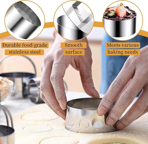 Sikweny 4 Piezas Aros Emplatar Acero Inoxidable, Moldes Cocina con Putter Moldes Tartar Circular, Anillos de Postre Reutilizable para Mousse Tartas Pasteles Glaseados (8 CM) - 3