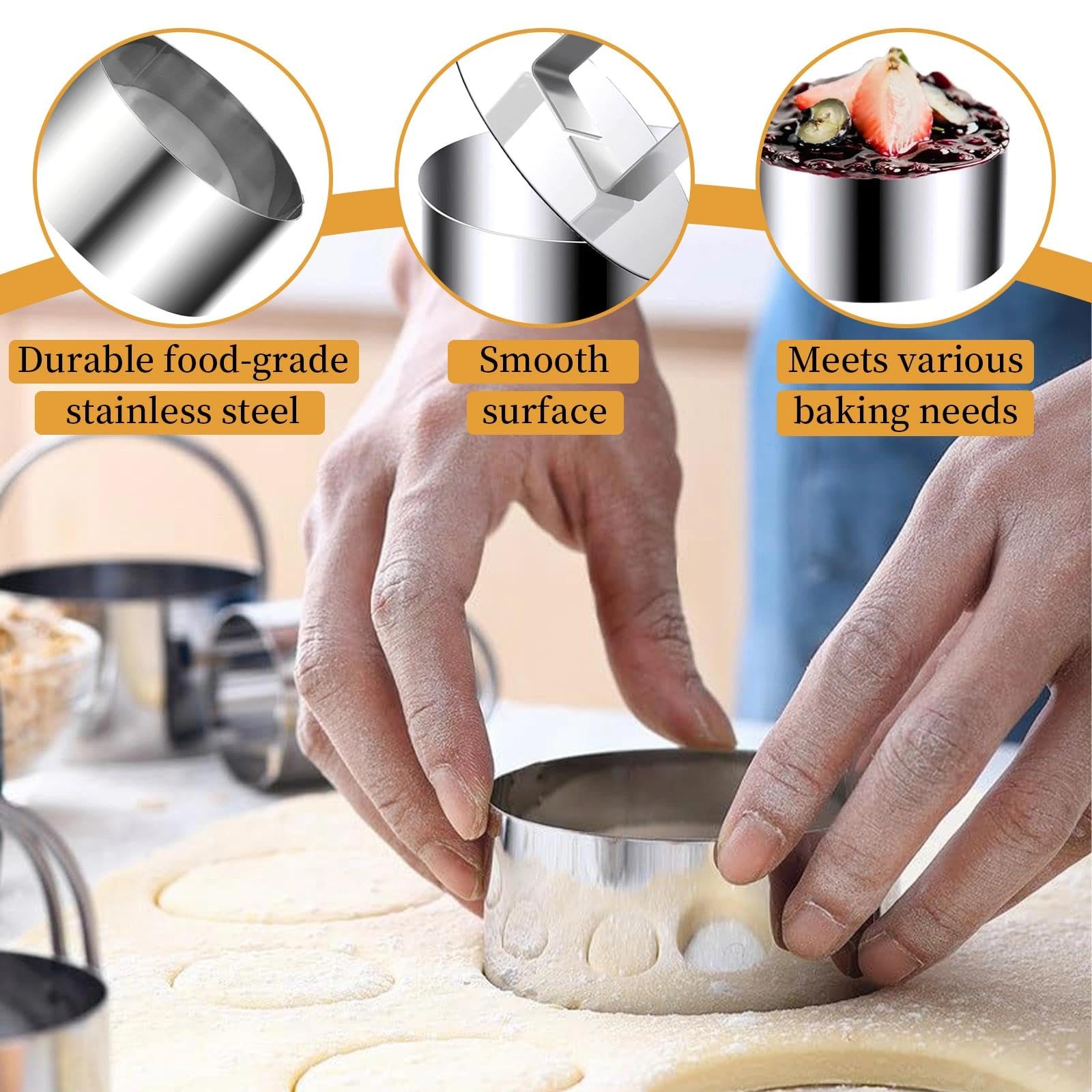 Sikweny 4 Piezas Aros Emplatar Acero Inoxidable, Moldes Cocina con Putter Moldes Tartar Circular, Anillos de Postre Reutilizable para Mousse Tartas Pasteles Glaseados (8 CM) - 4