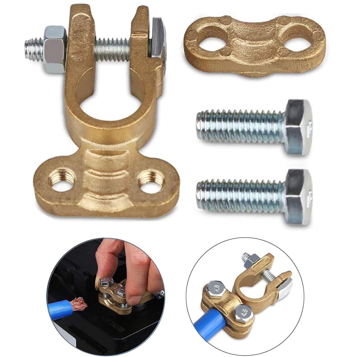 Spurtar Brass Battery Terminals Connectors,Top Post Battery Terminal Protector Set, Positive & Negative Copper Battery Cable Terminals Clamps for Truck Van Marine Boat (1 Pair)