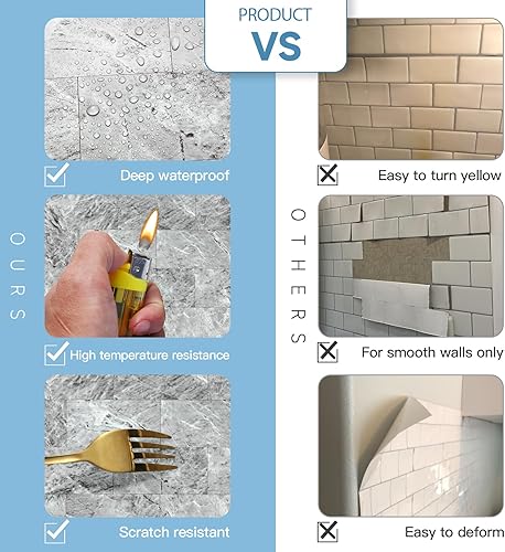 Vista 7 de Paquete de 1 lámina de revestimiento autoadhesivo de 12 x 12 pulgadas, baldosa de pared de PVC para cocina, baño, chimenea, mesa de lavandería o gris