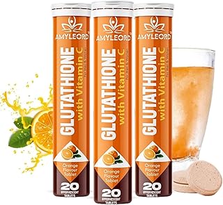 Glow - 500mg Glutathione & Vitamin C Help In Skin Glowing 60 effervescent tablets Orange Flavour 20 Count (Pack Of 3) MRP 2997 Rs