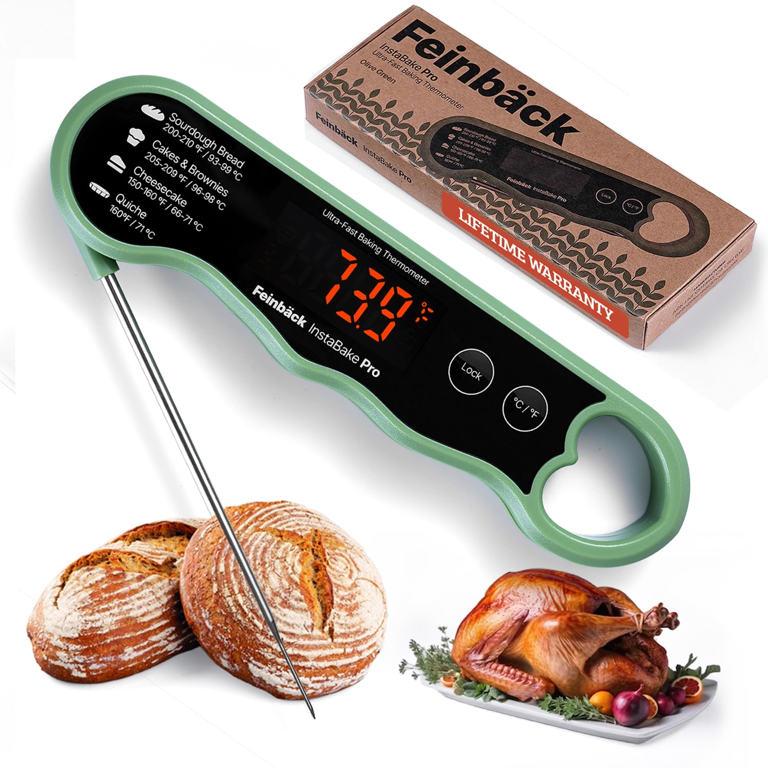 Thermomètre alimentaire professionnel à lecture instantanée pour la cuisson du pain au levain, du pain | Écran rotatif rechargeable | Thermomètre numérique à viande Gadget de cuisine