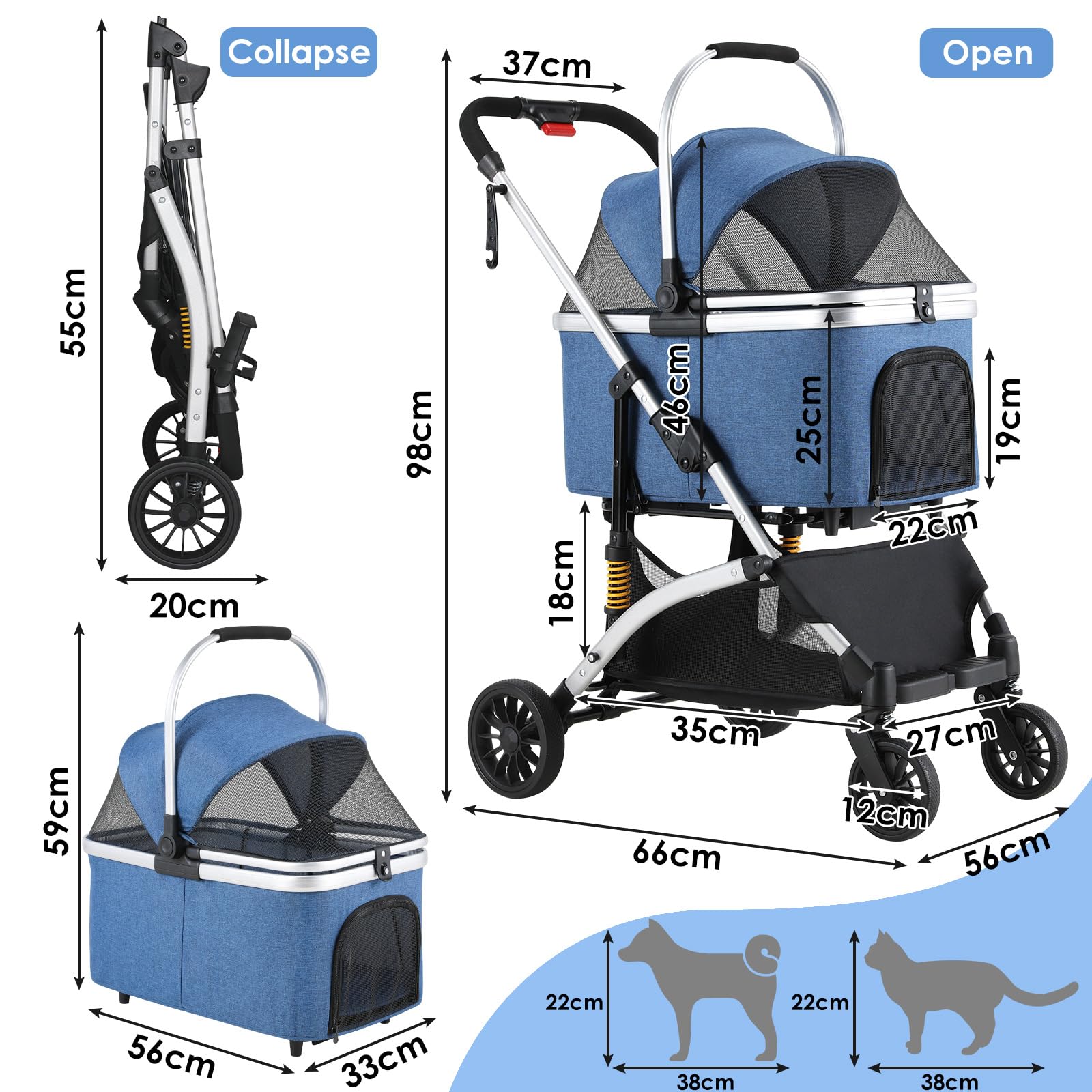 Passeggino per cani 3 in 1, fino a 20 kg, passeggino portatile per animali domestici, con finestre a rete, portabicchieri e ammortizzatori, per cani di piccola e media taglia (Blu)