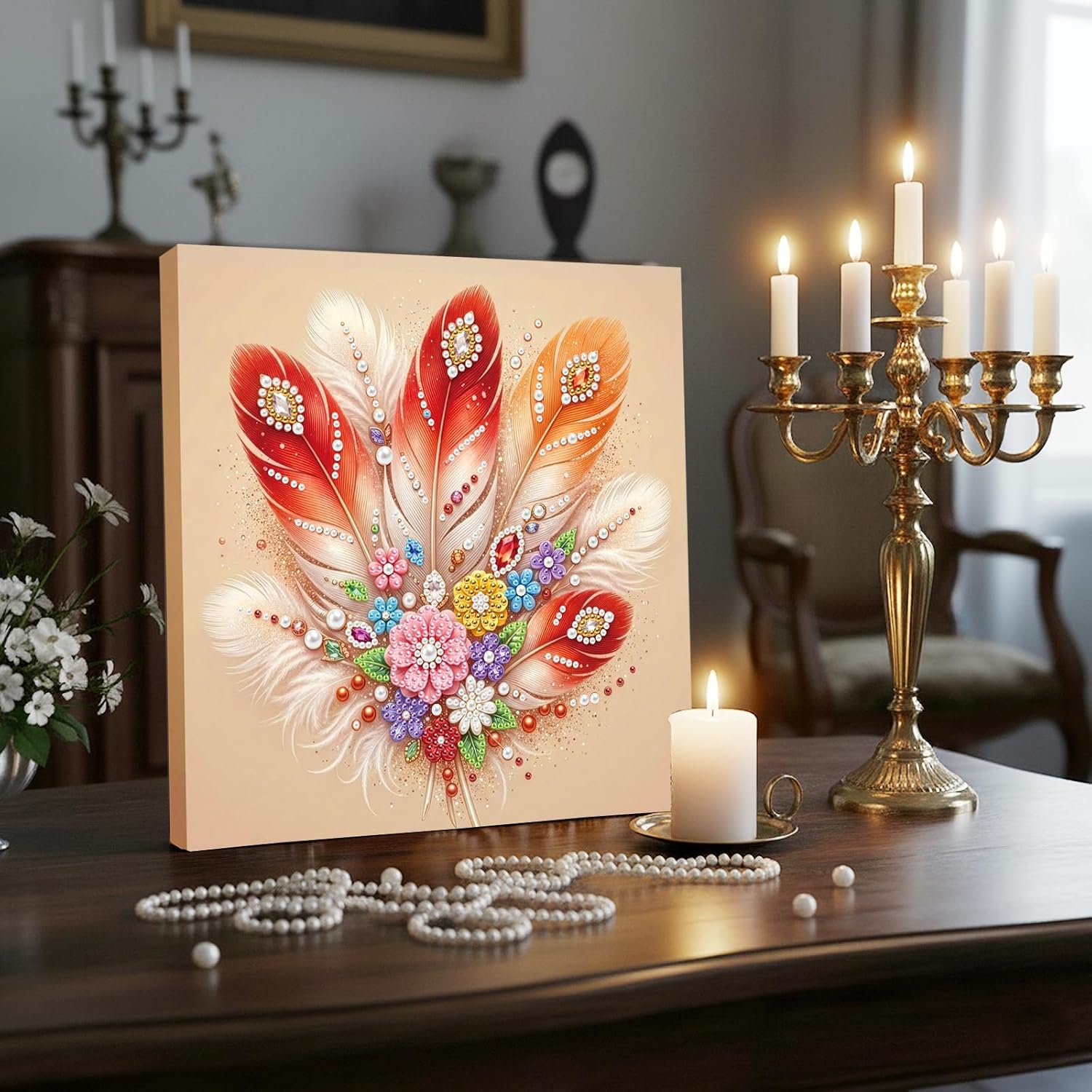 FRANDEK Feather DIY Pearl Painting Kit with Frame 3D Textured Diamond Mosaic Painting Design Handmade Gem Art Mindful Craft Gift for Adults Home Decoration