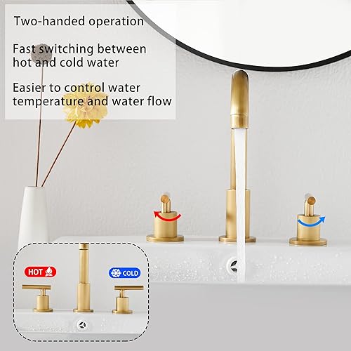 Miniatura 2 de GGStudy Grifo de baño de 2 manijas 3 agujeros 360 caño giratorio latón antiguo grifo de fregadero de baño con drenaje desplegable