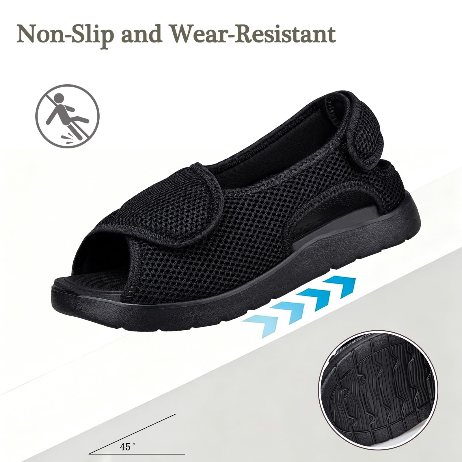 Gaatpot Sandali per Diabetici Donna Scarpe Ortopediche Uomo Larghi a Strappo Sandali Riabilitativi Regolabili Apertura per Piedi Gonfi Nero EU40