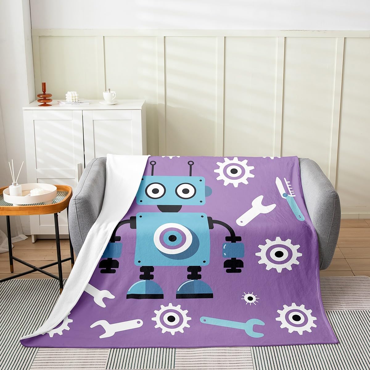 Cartoon Robot Fleece Blanket Geometric Repair Tools Blankets for Kids Teens Present Cute Sci-Fi Robot Throw Blanket Intelligent Machine 30x40 Inch Living Room Decor Flannel Blankets Lightweight image 2