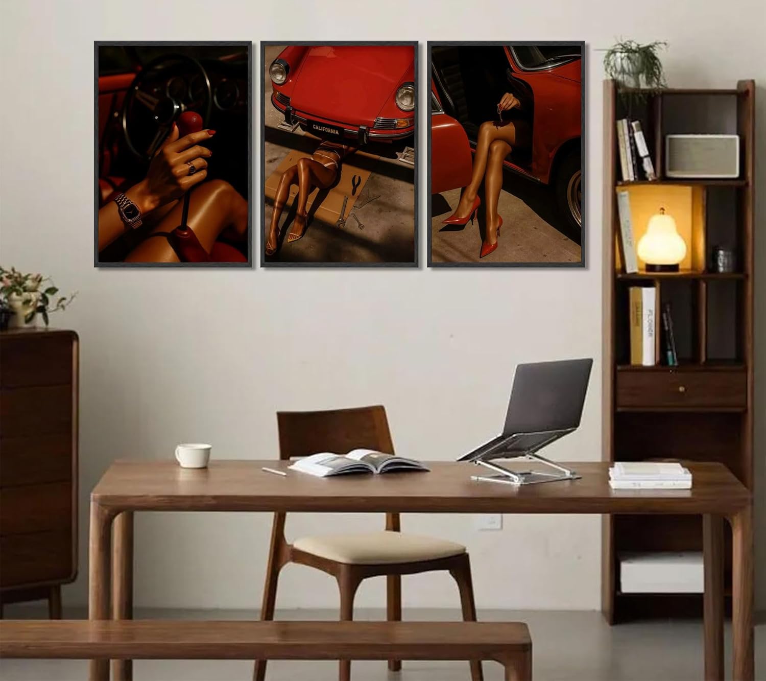 3Pcs Red Trendy Black Woman Canvas Wall Art Sexy African American Woman Painting Wall Decor Red Vintage Car Picture Print Artwork For bedroom living room and garage decoration 16x24in Unframed
