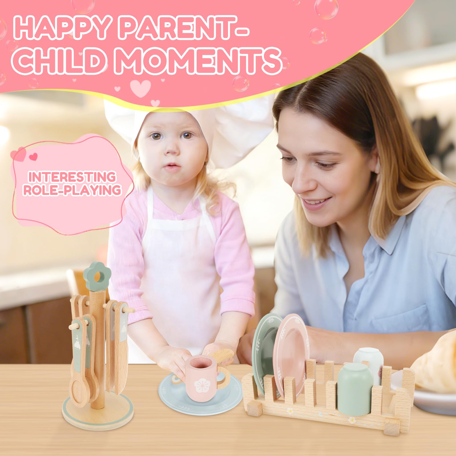 Set Stoviglie Cucina Bambini, Giochi Cucina Legno, Pentole E Piastra, 4 Piatti, 4 Tazze, 4 Coltelli, 4 Forchette, 4 Cucchiai, Supporto, Adatto A Ragazzi E Ragazze, Età 3/4/5 Anni