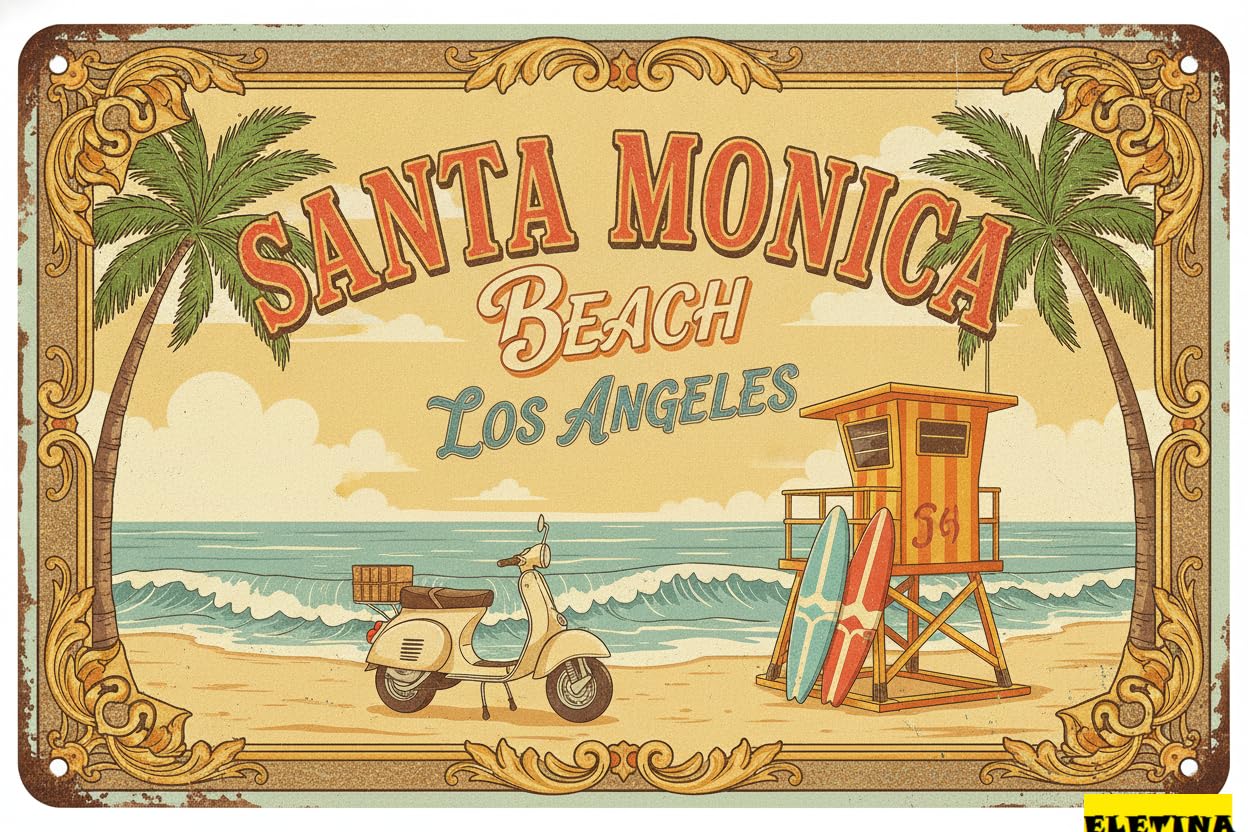 Santa Monica Beach Los Angeles Tin Sign, 8x12 Inch