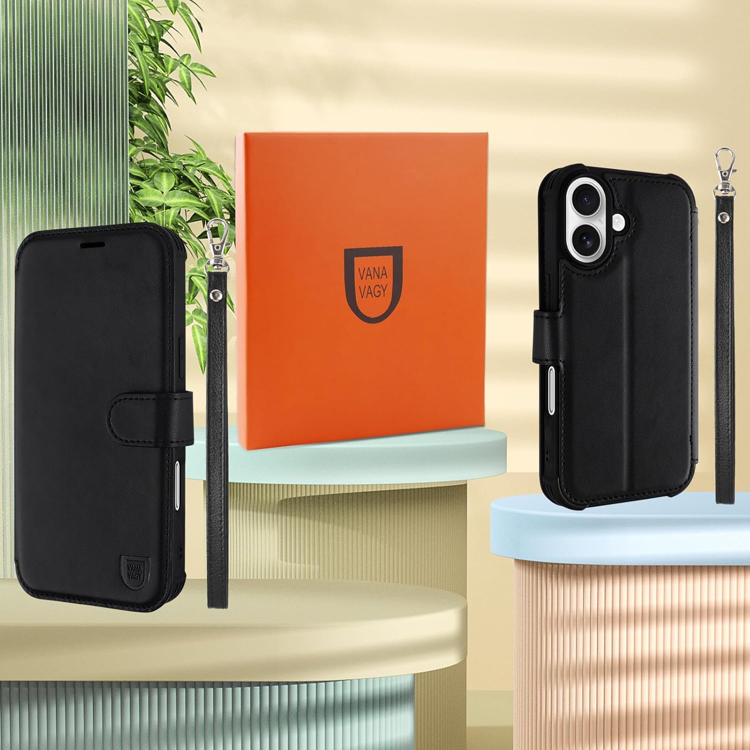 VANAVAGY Wallet Case Compatible for iPhone 17 6.3-inch 2025, Folio Flip Case with Wrist Strap RFID Blocking Card Holder Kickstand, PU Leather Shockproof Magnetic Phone Cover Screen Protector,Black