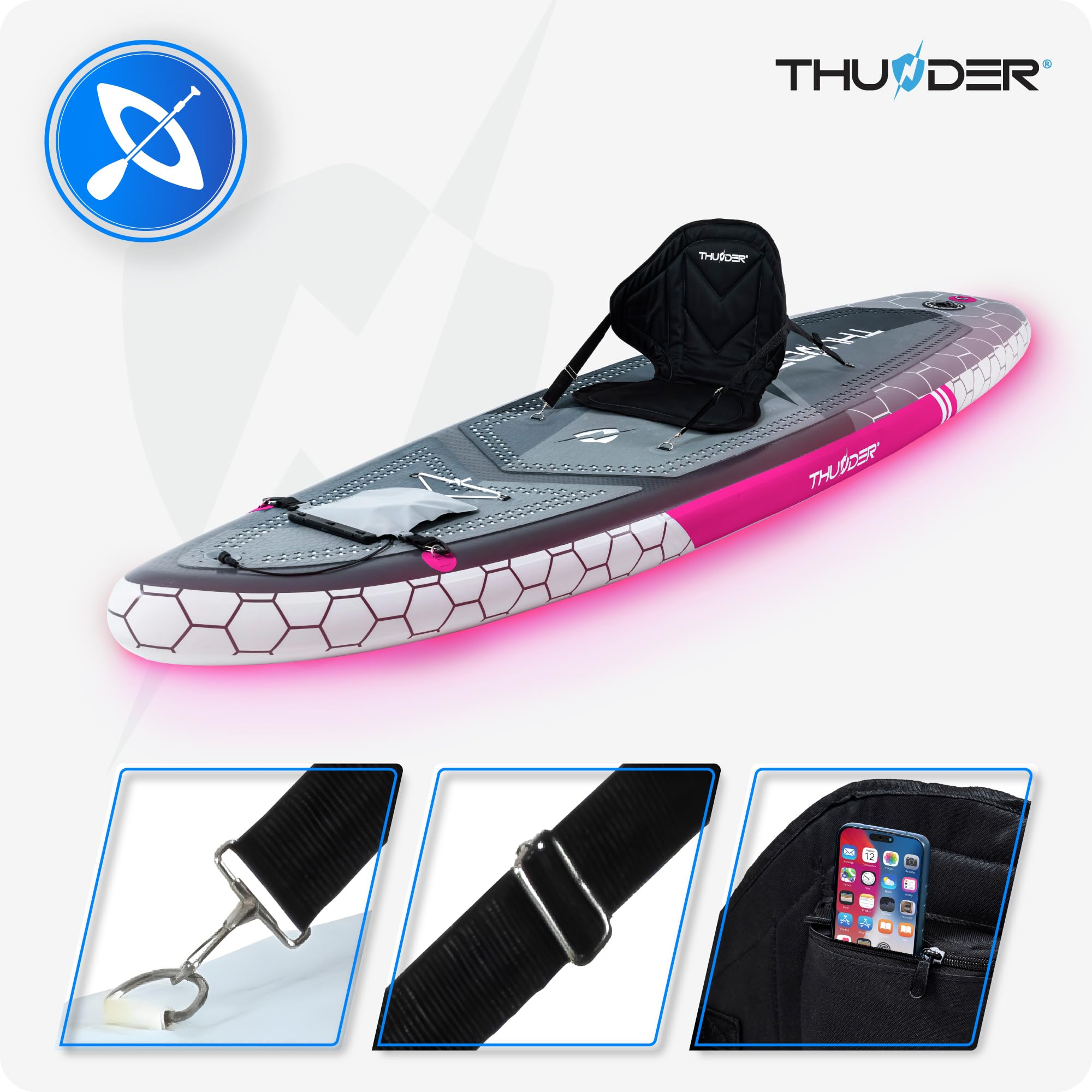 THUNDER Pro LED Sup Board 320 cm avec Siège Kayak – Stand Up Paddle Board Gonflable avec Éclairage RGB LED, Pompe, Pagaie & Sac à Dos – Set Sup jusqu'à 150 kg