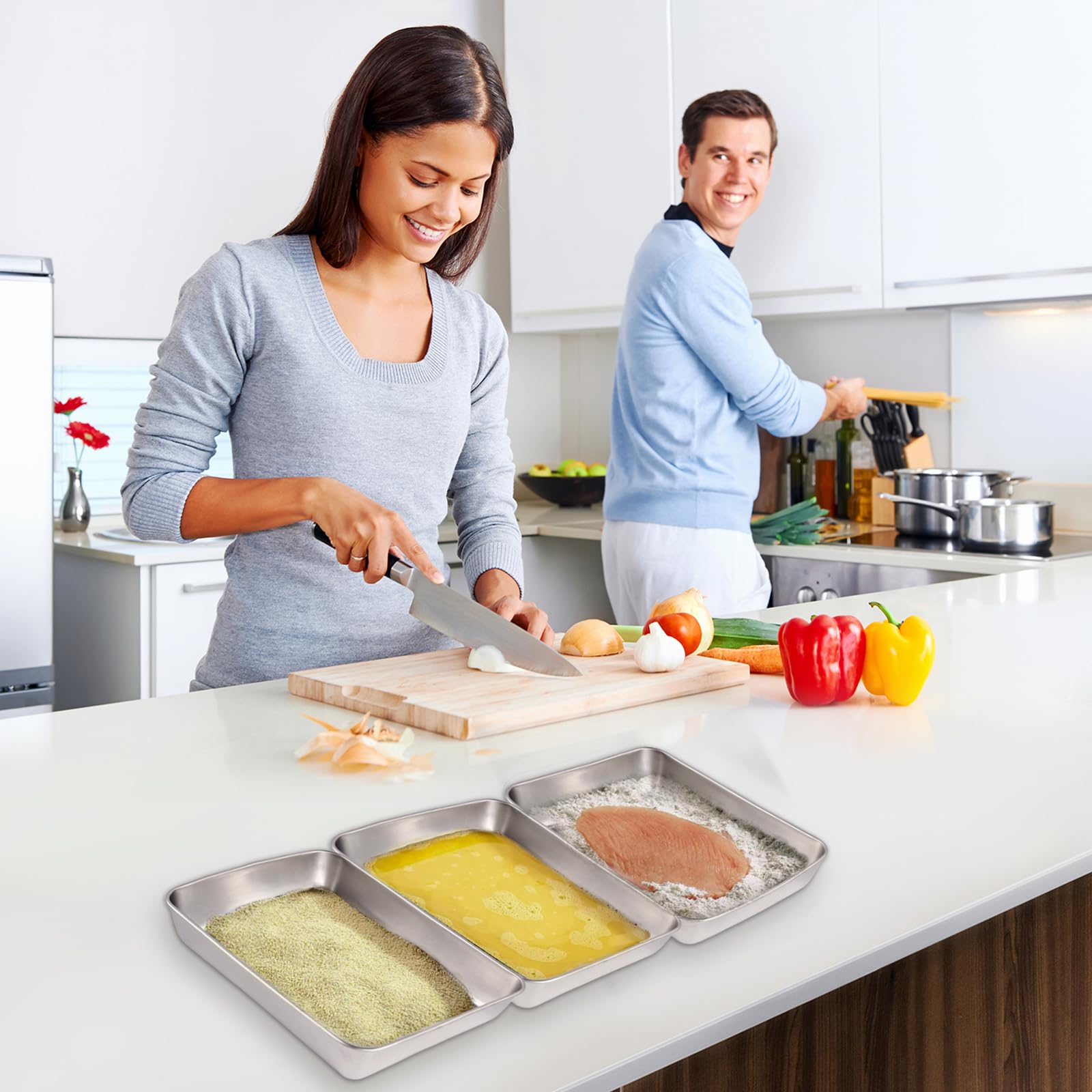 Set di 3 Vassoi Rettangolari in Acciaio Inox,Ciotole per Impanare,Teglie per Impanatura in Acciaio Inox,Teglia per Briciole Rettangolare,Impilabili-Vassoi per Alimenti Come Pangrattato e Farina