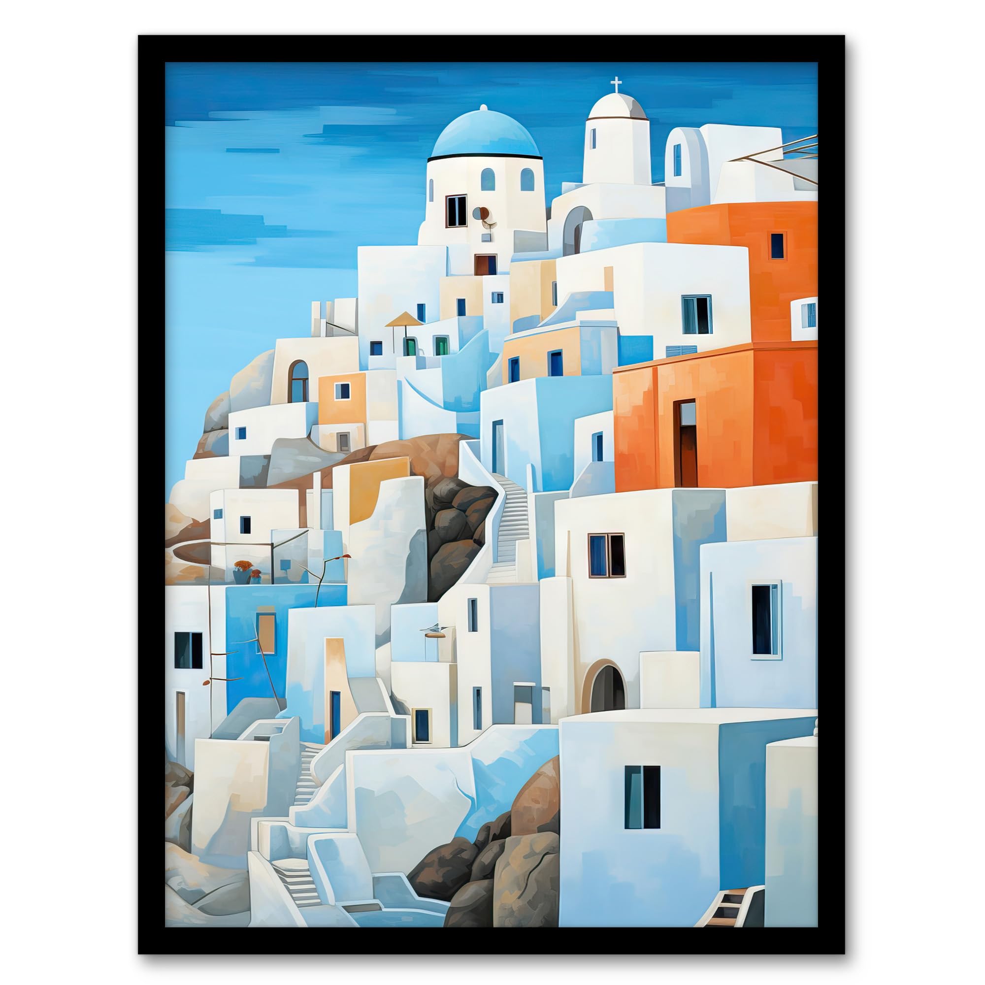 Artery8 Santorini Greece Watercolour Painting Whitewashed Buildings Of Greek Island In Aegean Sea Artwork Framed Wall Art Print A4