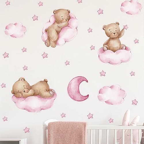Vista 8 de Lindas calcomanías de pared de osos bebés durmiendo marrones, sacinora Luna y estrellas Arte DIY Calcomanías de pared extraíbles de vinilo