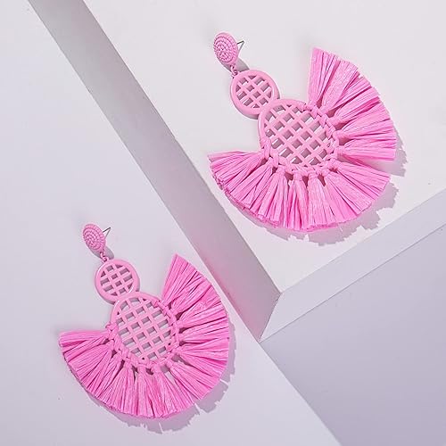 Miniatura 3 de Pendientes de borla de rafia bohemios, aretes colgantes lindos y divertidos, hechos a mano, de moda, para verano, playa, boda, joyería para mujer