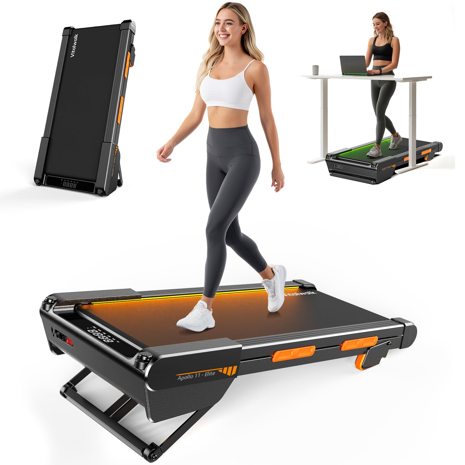 Walking Pad Treadmill with Auto Incline - Vitalwalk Wide Full Deck Portable Under Desk Treadmill for Home Office, 350lbs Capacity, 3.0HP Brushless Quiet, Upright Space-Saving, Ambient Light, APP
