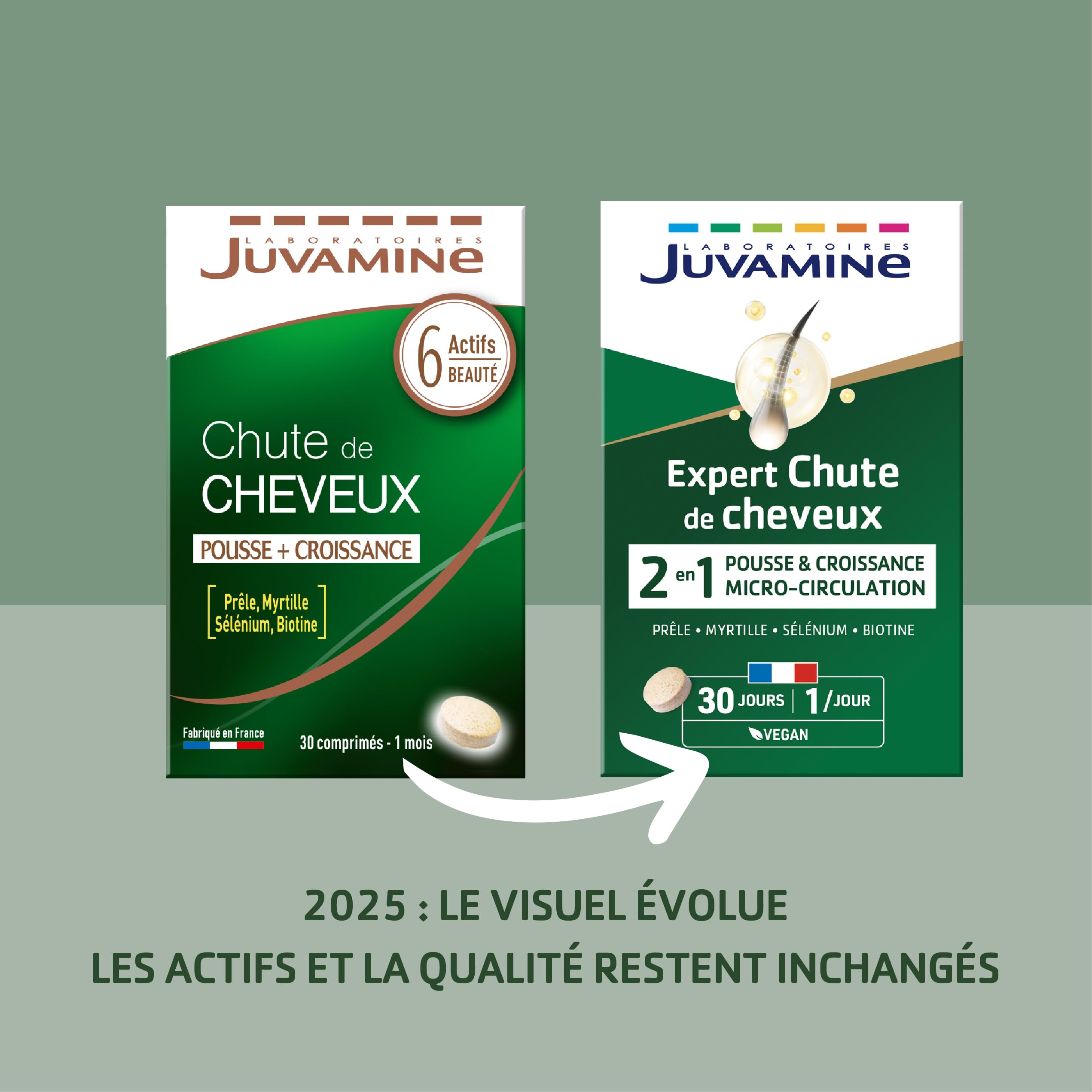JUVAMINE - Chute de Cheveux : Pousse + Croissance - 6 Actifs Beauté dont Zinc et Biotine - Favorise la Croissance et la Résistance des Cheveux - Programme de 1 mois - 30 Comprimés - Fabriqué en France