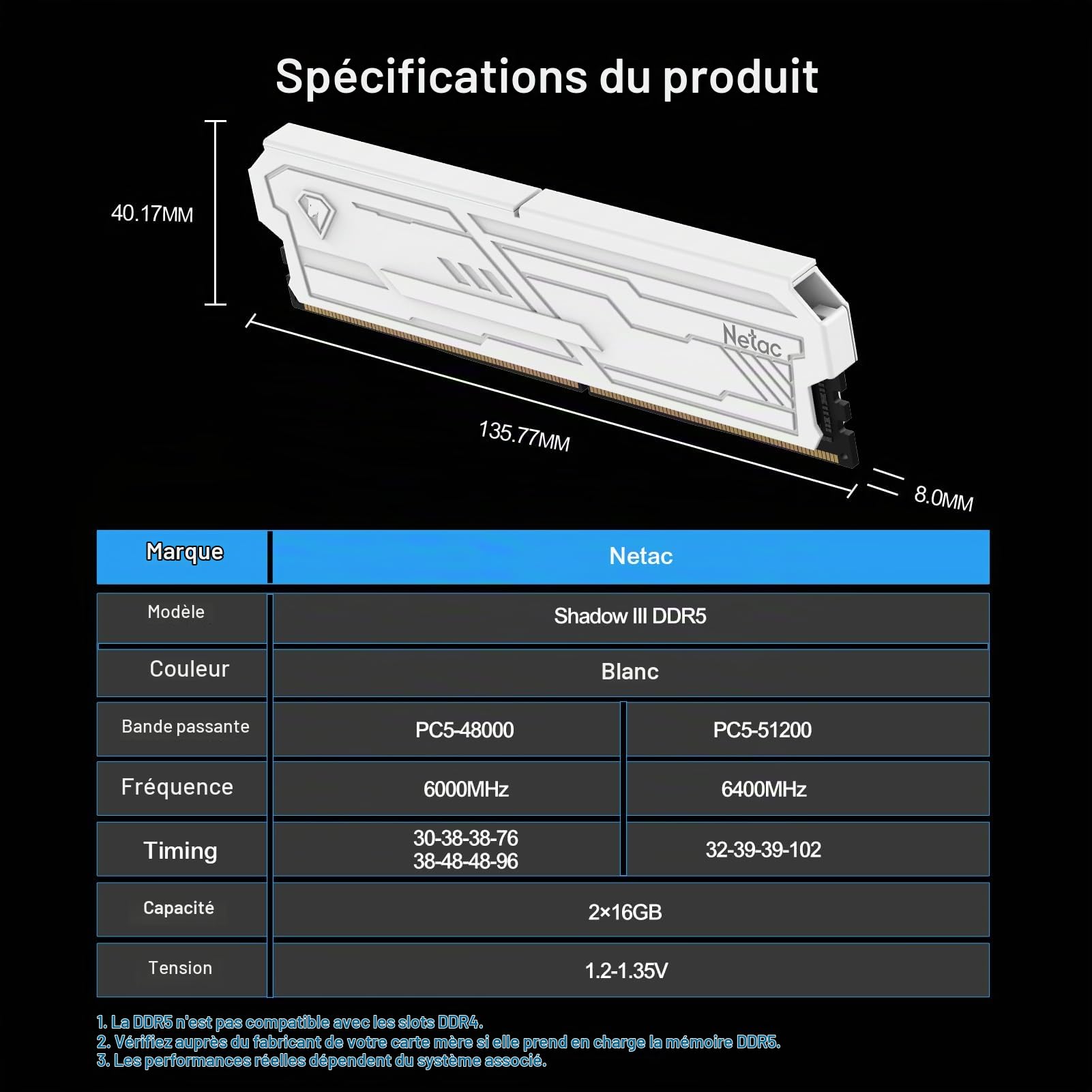 Netac DDR5 32 Go (2 × 16 Go) RAM 6400 MHz 1,4 V CL32 Intel XMP 3.0 Mémoire de bureau Blanc