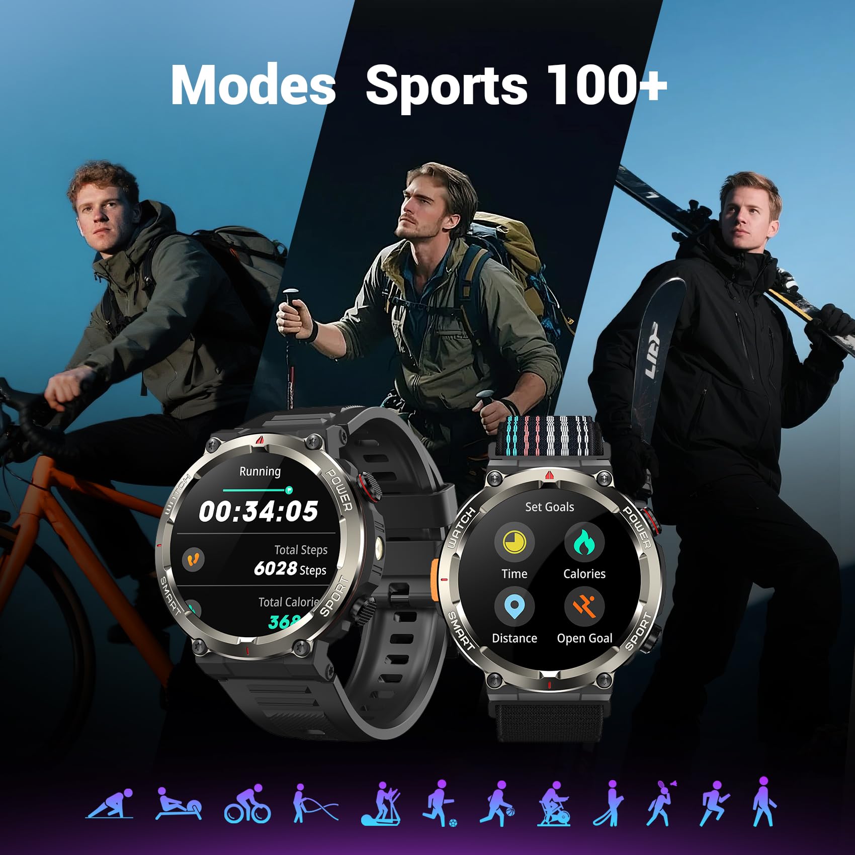 Blackview Montre Connectée Homme, Illumination,Batterie 100 Jours, Écran Tacile 1.45" TFT, Appel Bluetooth, Cardiofréquence, Analyse Sommeil, 100+ Modes Sport,Étanche IP68, pour iOS Android
