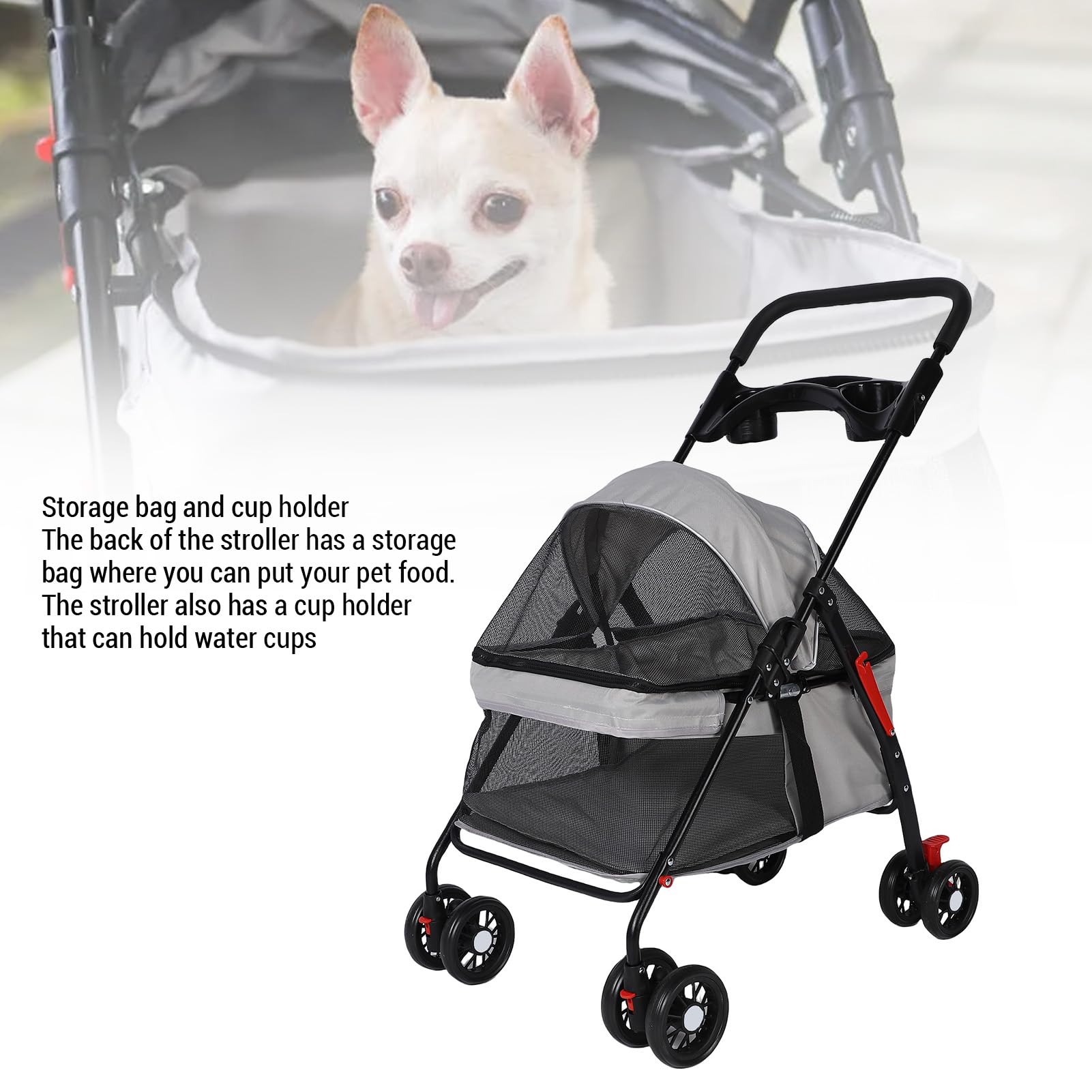 Carrito para Perro Plegable Transpirable con Cesta de Almacenamiento, Portavasos, Ideal Mascotas Medianas y Pequeñas (Mismo Diseño)