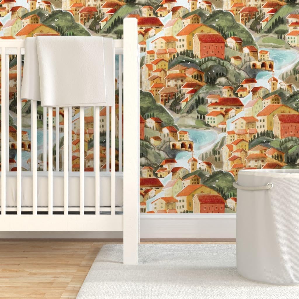 Peel & Stick Wallpaper 6ft x 2ft - Sunset Colorful Hand Drawn Landscape Italian Town Countryside Mountains Villa Large Scale Coastal Custom Removable Wallpaper by Spoonflower