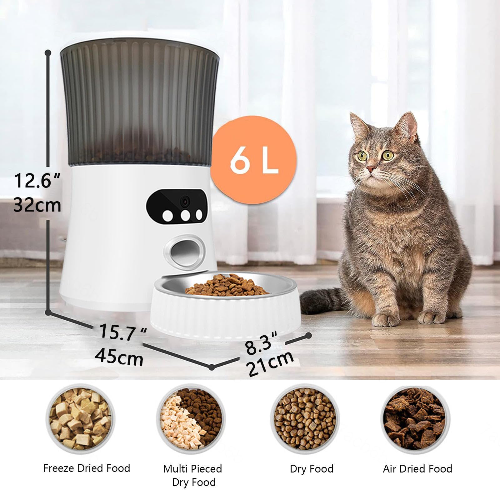 Comedero Gato Automatico WiFi, 6L con Cámara 1080P, 2.4G WiFi con App Video Audio Visión Nocturna Dispensador De Comida para Perros, Dispensador Comida Gato