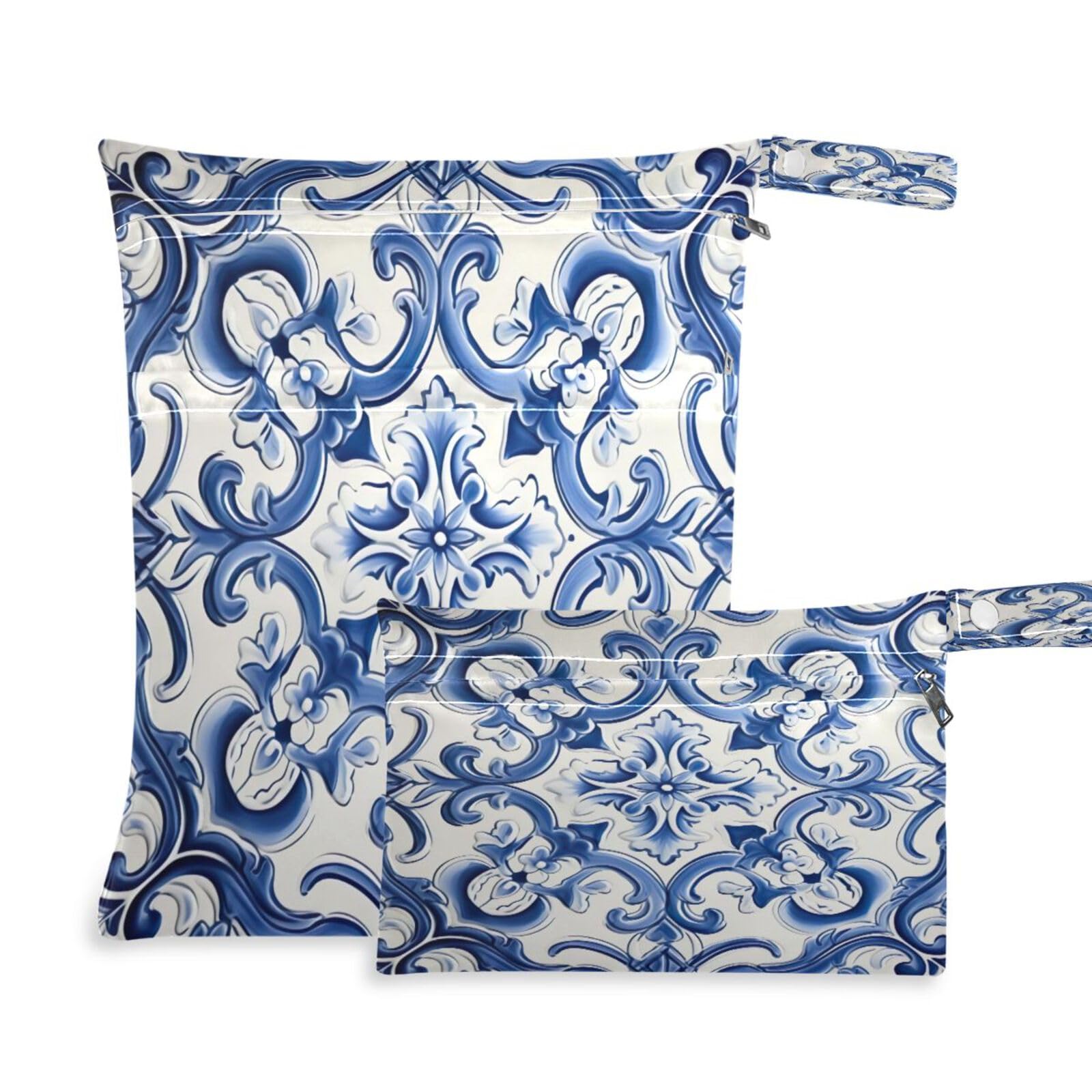 ATTX Blue Vintage Tiles Wet Dry Bags 2-Pack - Reusable Cloth Diaper Storage for Travel, Beach & Gym | Multi-Use Waterproof Bags for Swimsuits, Baby Clothes, Sports Gear#253