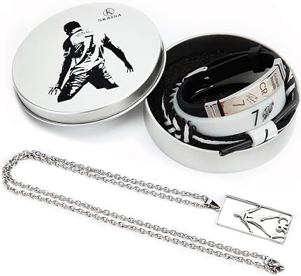4 Pcs Ronaldo Collectors Set, Necklace and Signed Wristband Collection | Ronaldo Necklace, Signed Black Titanium Steel Wristband, Hand Weave Bracelet, White Sports Wristband Metal Gift Box Packaging