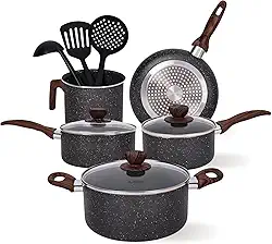 Jogo de Panelas Cerâmica Antiaderente Indução 8 Peças, Conjunto Resistente, Fácil de Limpar, Preto