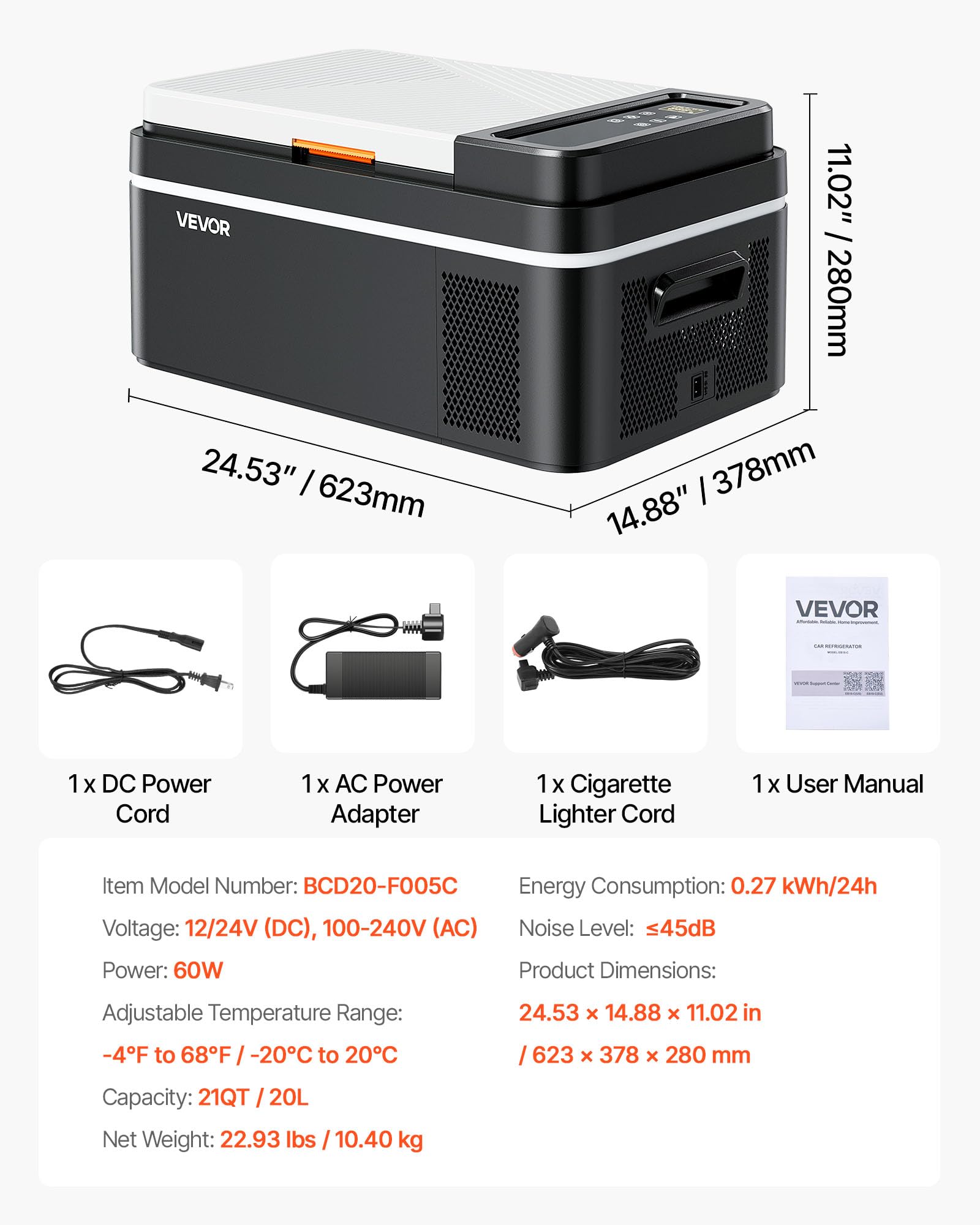 VEVOR Frigorifero Elettrico Portatile per Auto 20 L, Mini Frigo Portatile per Auto, Funzionamento CC 12 V 24 V, CA da 100 V a 240 V, Temperatura Regolabile da -20 °C a 20 °C, per Camper Viaggio Barca