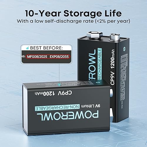 Miniatura 5 de POWEROWL Baterías de litio de 9 V, batería no recargable de 9 voltios de 1200 mAh para detector de humo y alarmas de incendios - 2 unidades