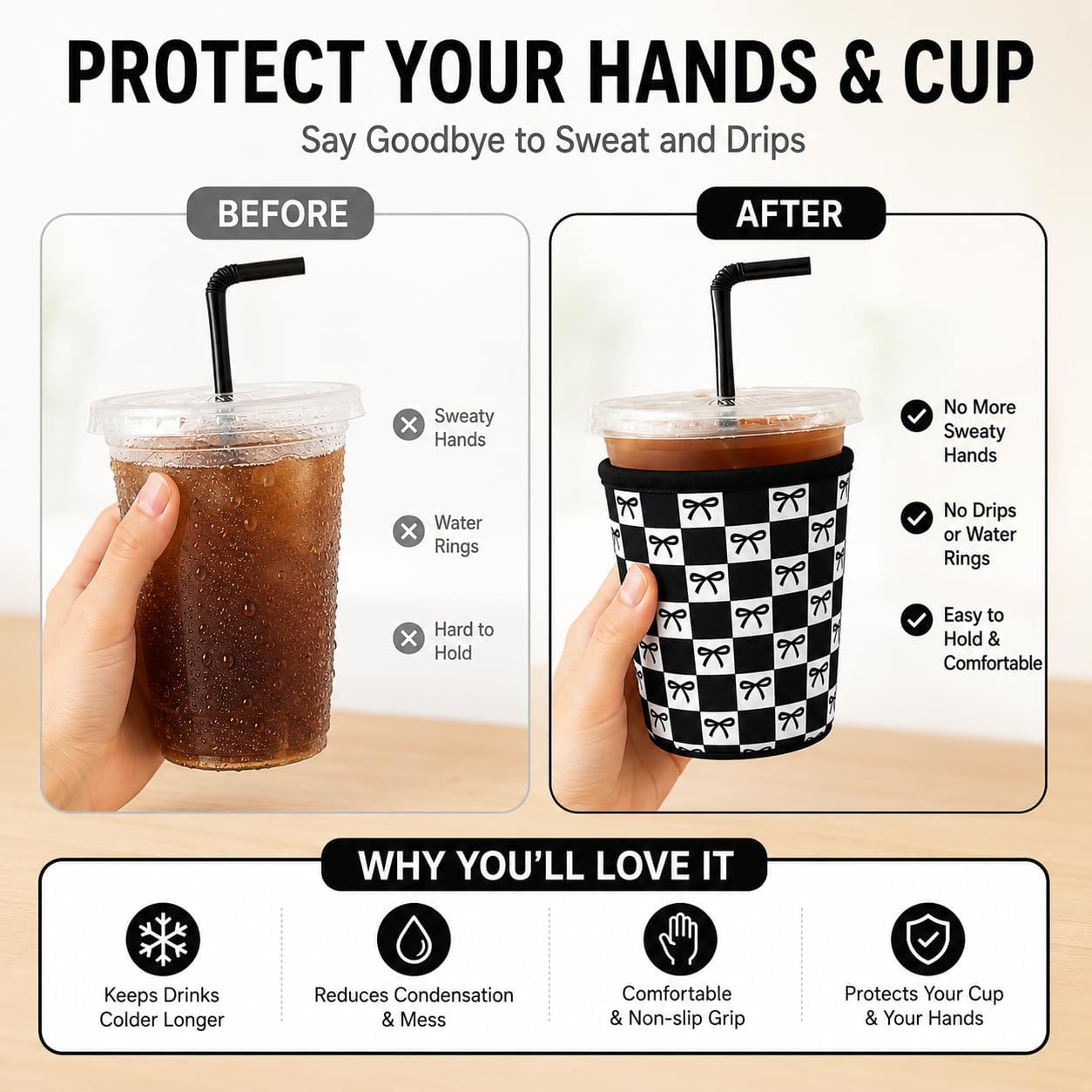 Reusable Ice Coffee Cup Sleeves for Cold Drink 16-32oz(Black Checked Bow) image 5