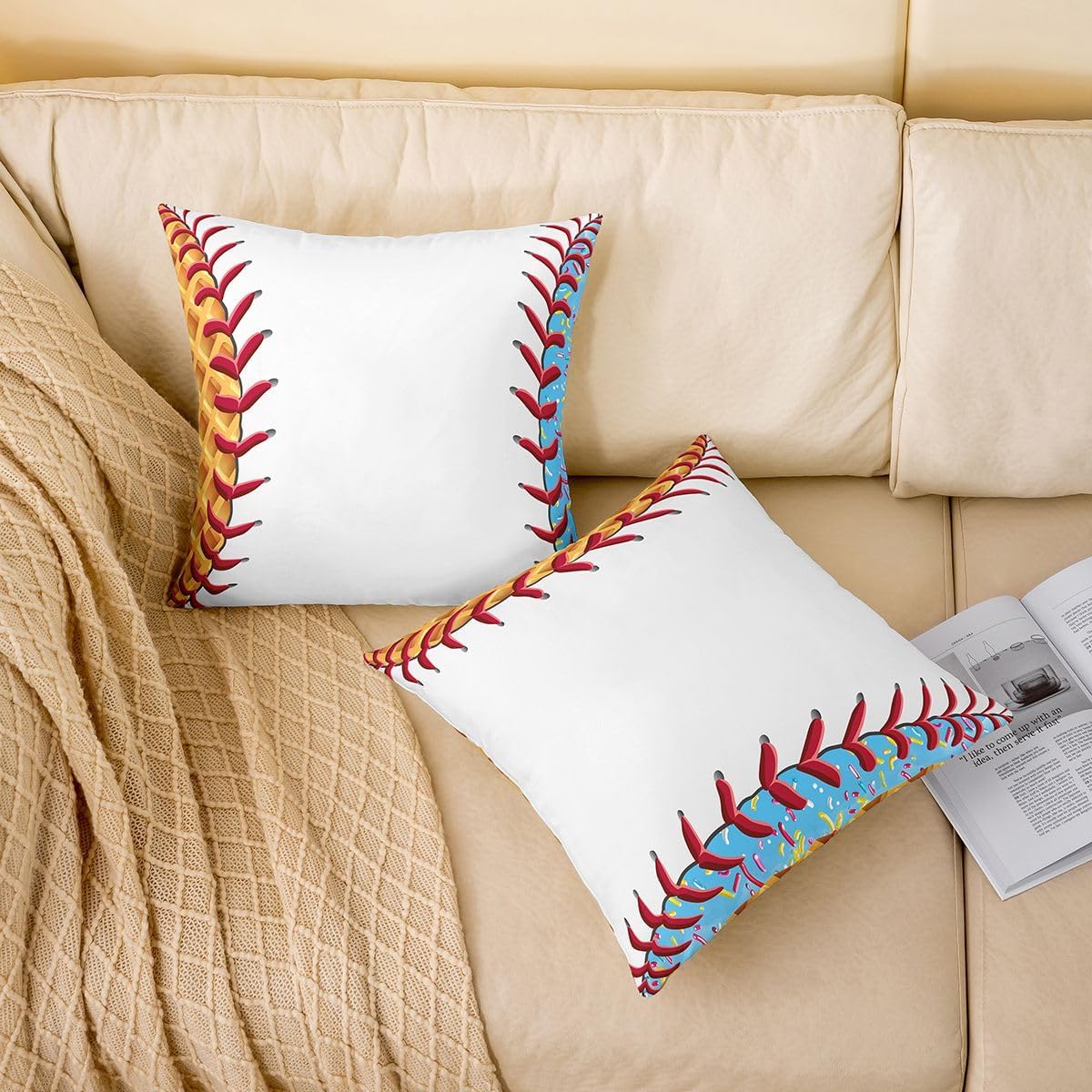 Erosebridal Sports Baseball Throw Pillow Covers Ball Gaming Cushion Covers 18X18 Set of 2,Colorful Ice Cream Cushion Cases Fashion Aesthetic Room Decor Decorative Pillowcases image 3