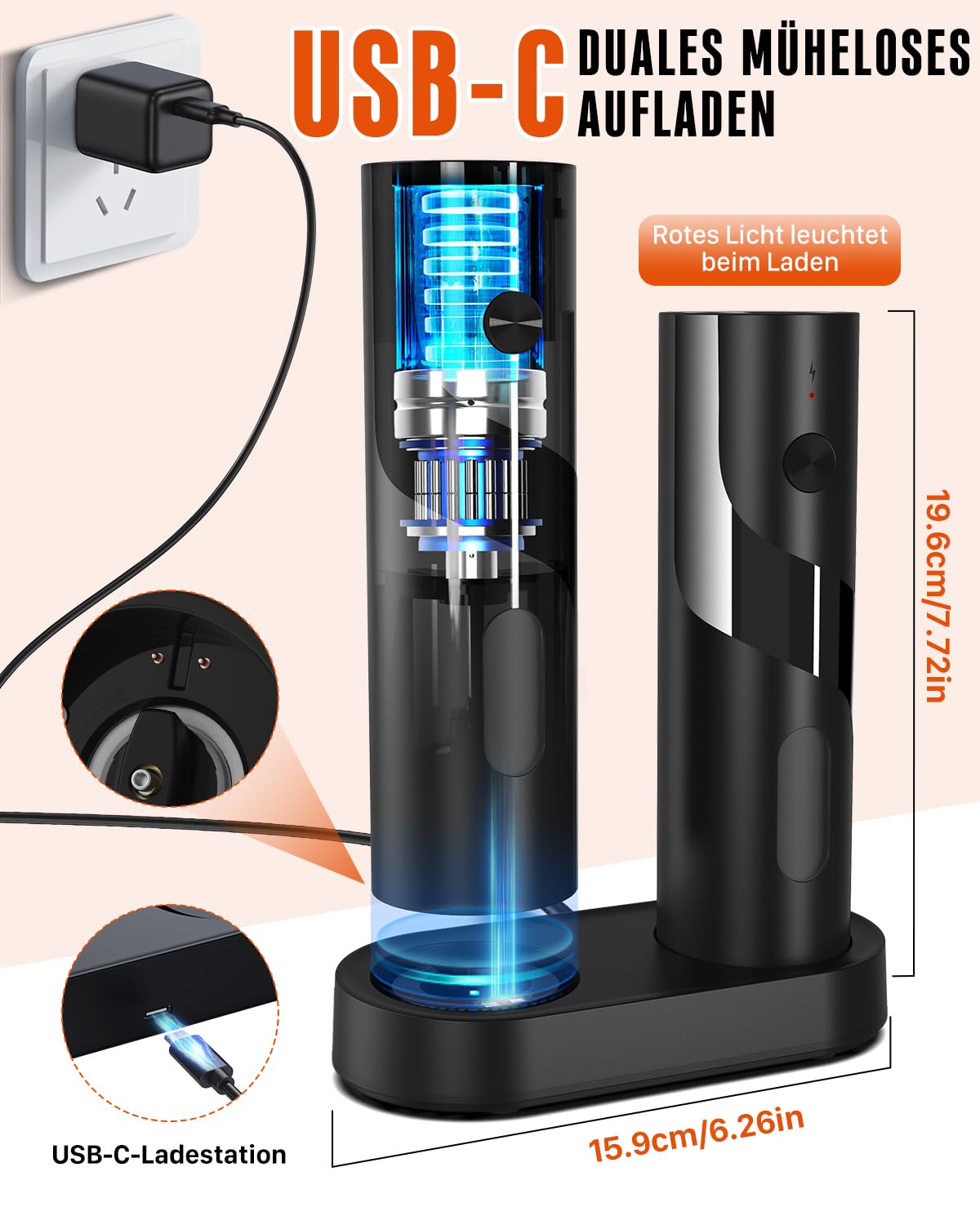 Homtronic Salz und Pfeffermühle Elektrisch 2er Set, 110ml Große Kapazität | Elektrische Pfeffermühle mit USB-C Dual Ladestation, 4 Einstellbarer Mahlgrad/LED Licht/Salz und Pfefferstreuer für Küche BBQ