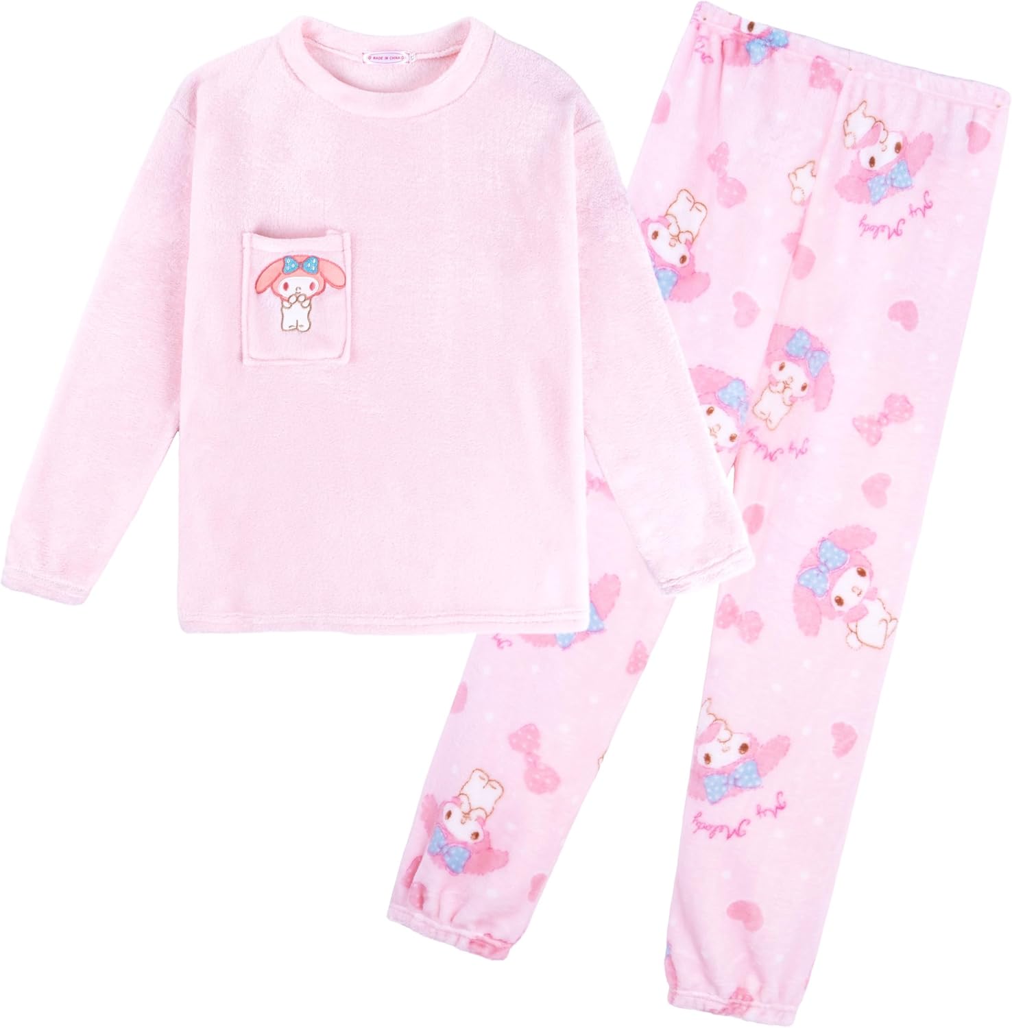Cartoon Fluffy Pajamas Set for Petite Women Fleece Pullover Pants 2 Piece Pj Set Long Sleeve Sleepewear Lounge Sets