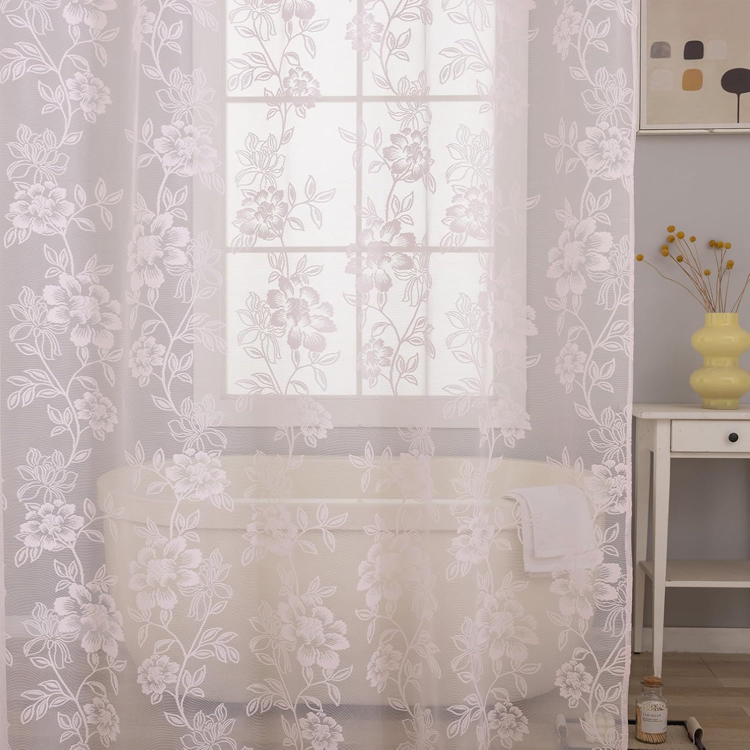 FINECITY Pink Lace Shower Curtain for Bathroom, 1 Panel, W72 x L72 Inch, Cottagecore Leaf Floral Patterned Sheer Lace Shower Curtain with Attached Valance for Bath Vintage Farmhouse Decor