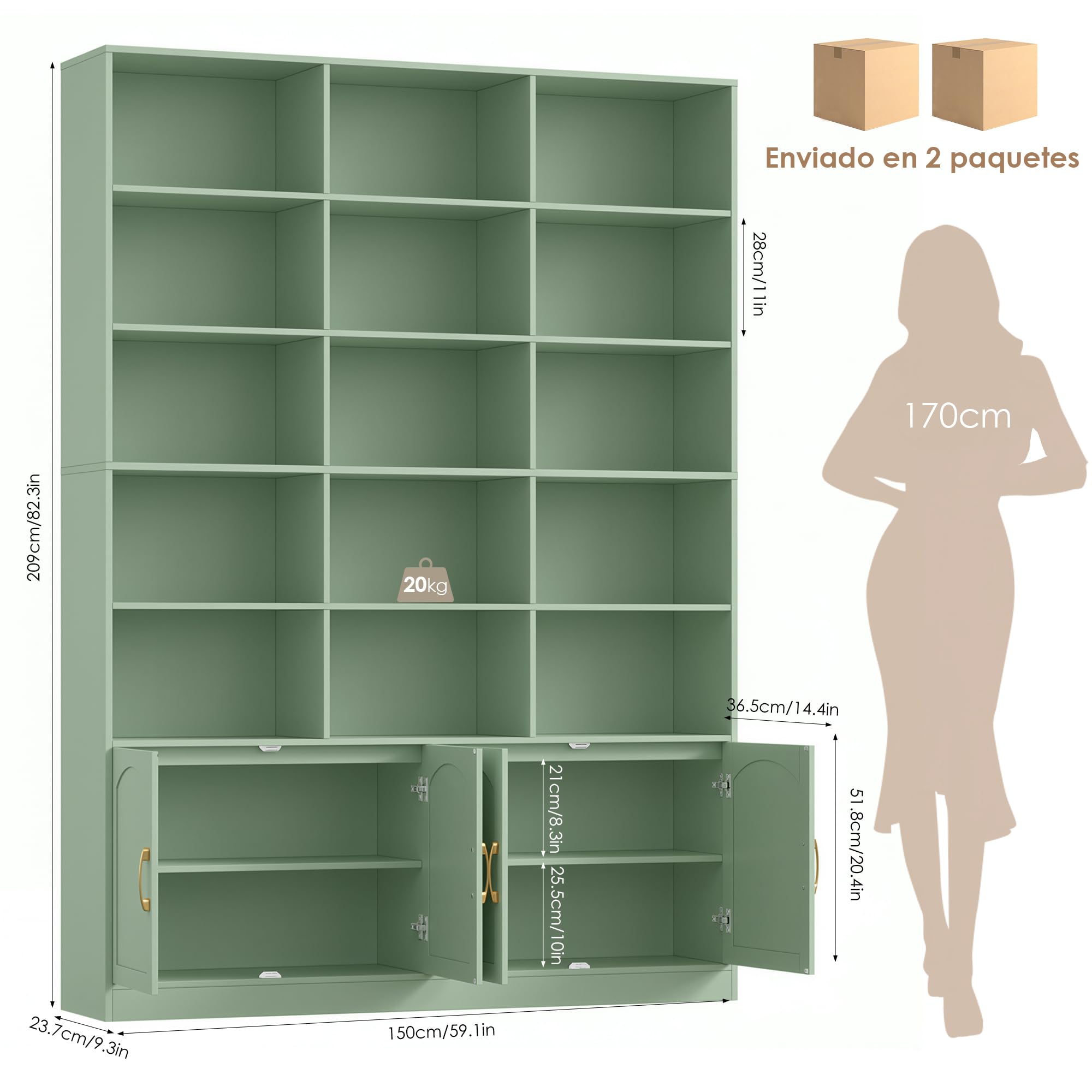 FirFurd Librería con Puertas, Estantería con Puertas, 3 Filas y 5 Niveles | Librería Salón, Vitrina Salón, Estantería Libros, Estanterias Almacenaje Madera, 4 Puertas, Verde, 150x23.7x209cm