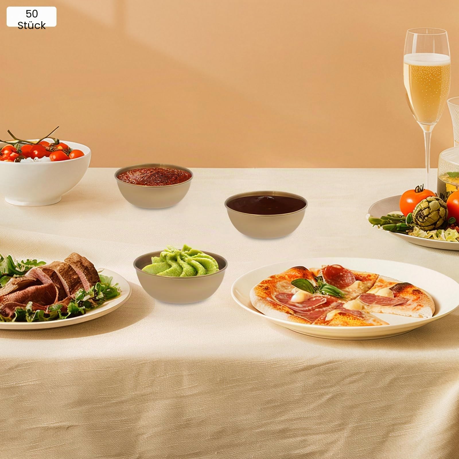 50 Stück Edelstahl 304 Saucieren, Mini Dip-Schalen Set, Saucenbecher Kleine Gewürzschälchen, Stapelbare Saucenschälchen Dipbecher Schüsseln für Soße Sushi Catering, 8,3 cm (Gold)