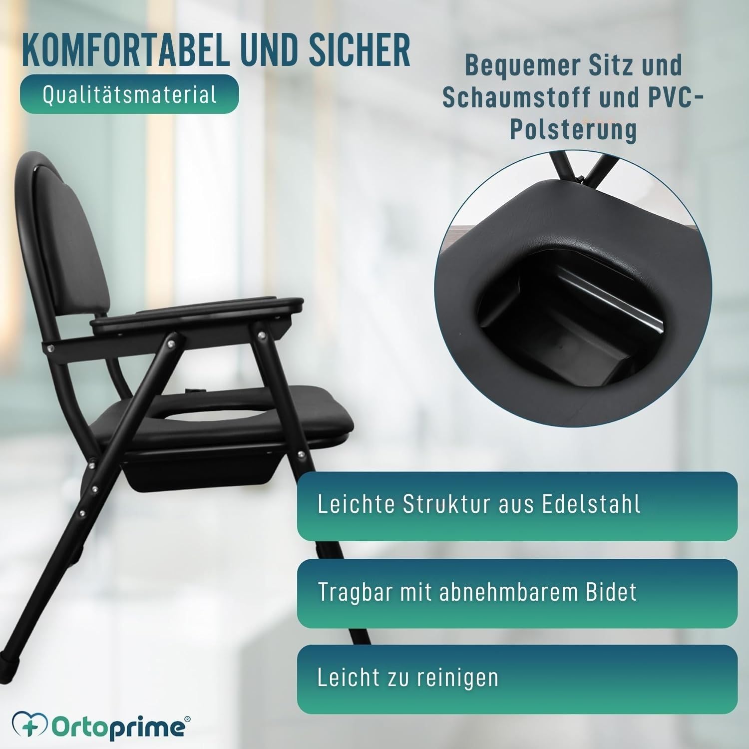 OrtoPrime Toilettenstuhl für Senioren klappbar – WC Stuhl mit Eimer – Nachtstuhl für Erwachsene – Klostuhl höhenverstellbar – Toilettenstuhl mit Inodoro – Leibstuhl für Senioren, stabil & sicher