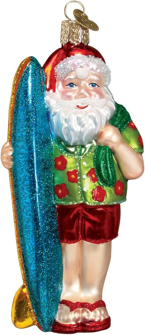 Old World Christmas Surfer Santa Glass Blown Ornament for Christmas Tree, Handcrafted Holiday Decoration, Santa Collection
