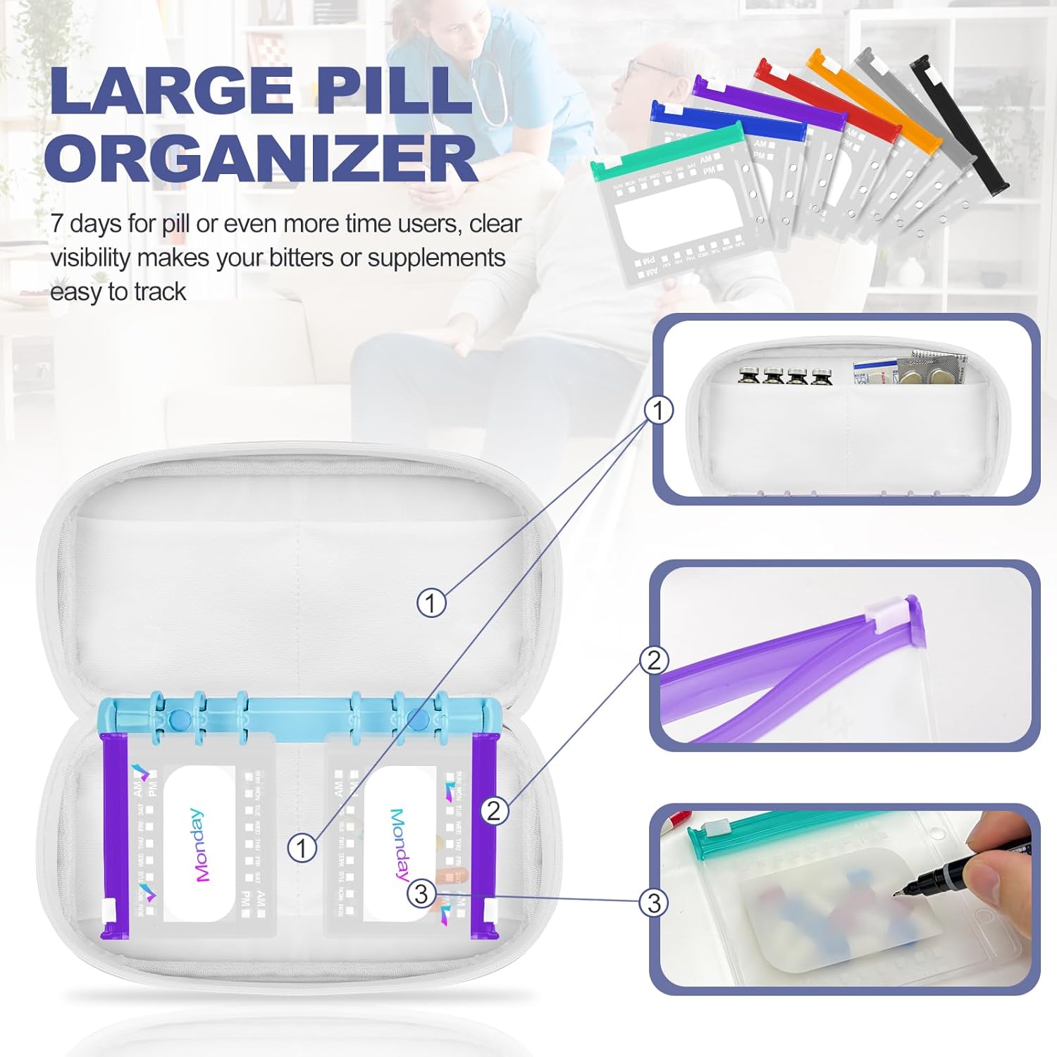 Weekly Pill Organizer 2 Times a Day - Timueetech A6 Waterproof 14 Pill Pouch Bags for Travel, BPA-Free Medicine Storage with Labels & Self-Sealing Design for Vitamins and Supplements, Blue - Image 2