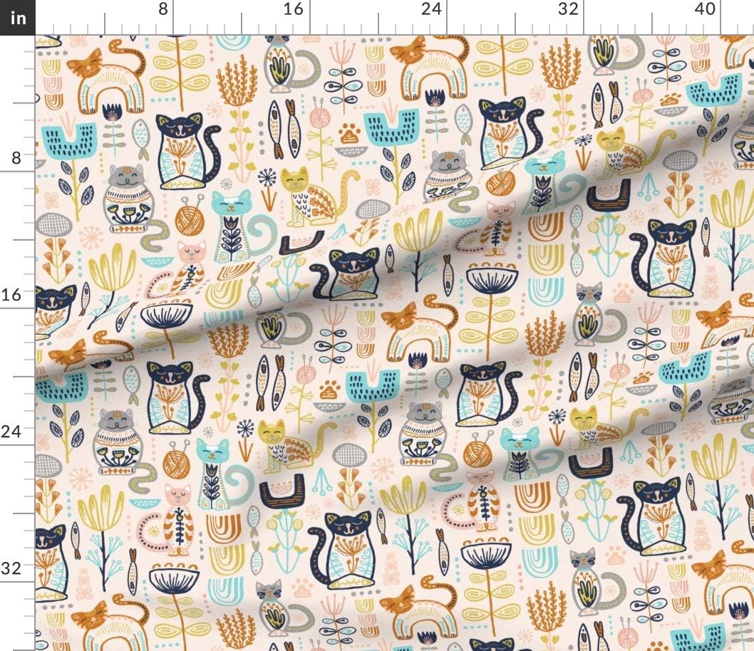 Spoonflower Fabric - Sweet Scandi Cats Florals Blush Copper Pool Blue Navy Stone Printed on Petal Signature Cotton Fabric by The Yard - Sewing Quilting Apparel Crafts Decor