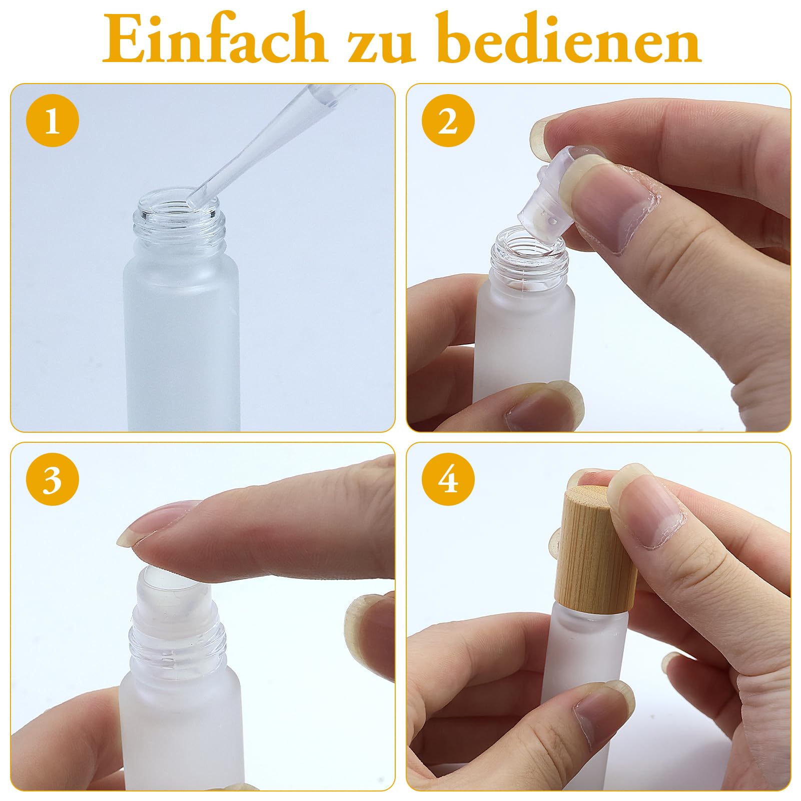 Lot de 25 bouteilles roll-on vides de 10 ml, en verre transparent, avec rouleau en acier inoxydable et bouchon en bambou pour huile essentielle, spa, massage