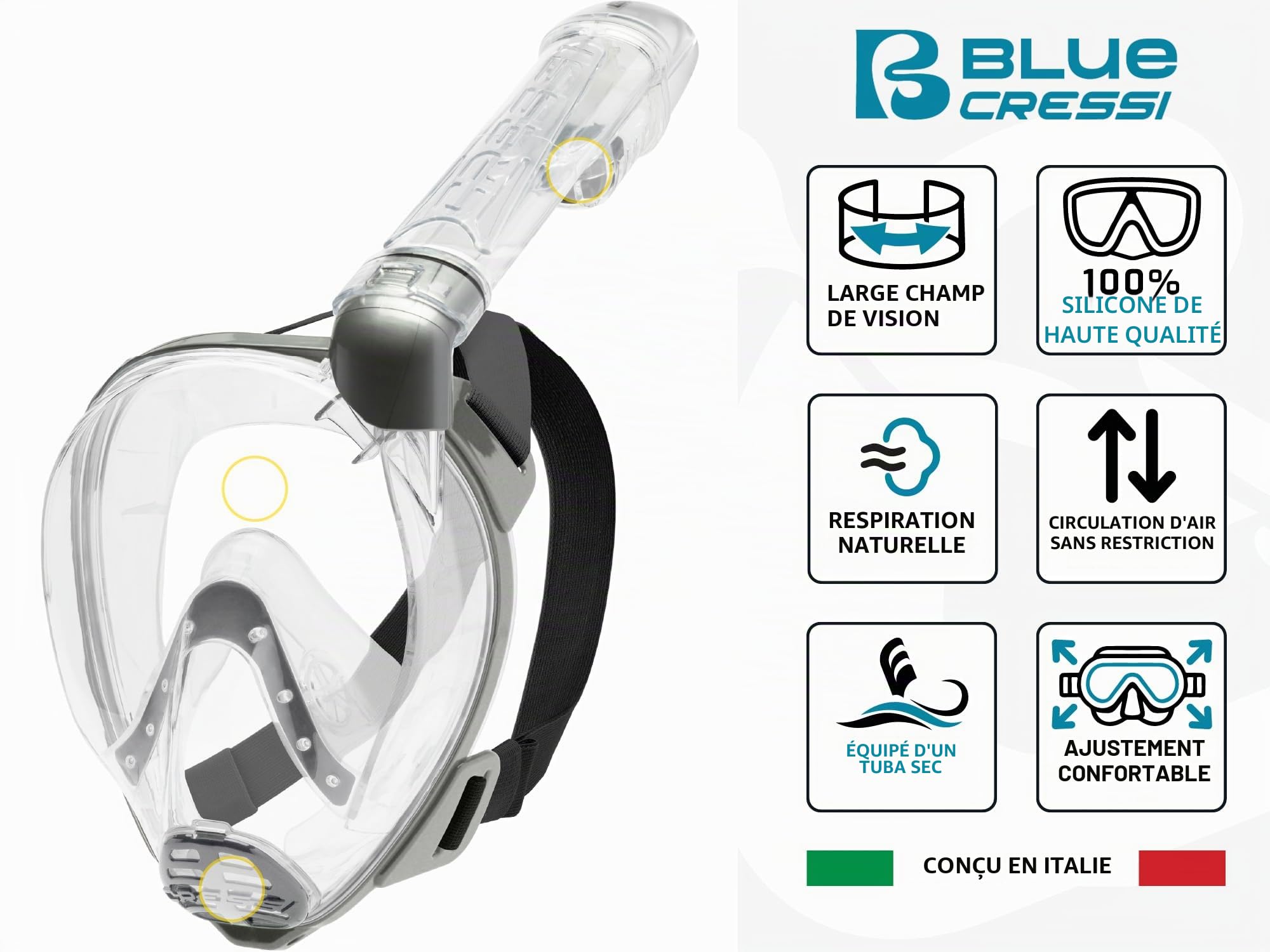 Cressi Baron Full Face Mask - Masque de Snorkeling Intégral Anti Buée avec Valve d'Expiration et Tuba Sec