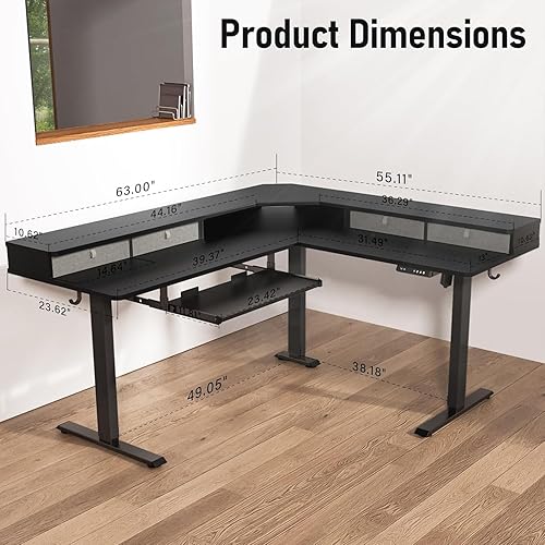 Miniatura 3 de Escritorio de pie en forma de L con puerto de carga USB y 4 cajones, escritorio eléctrico de altura ajustable de 63 x 55 pulgadas con bandeja para