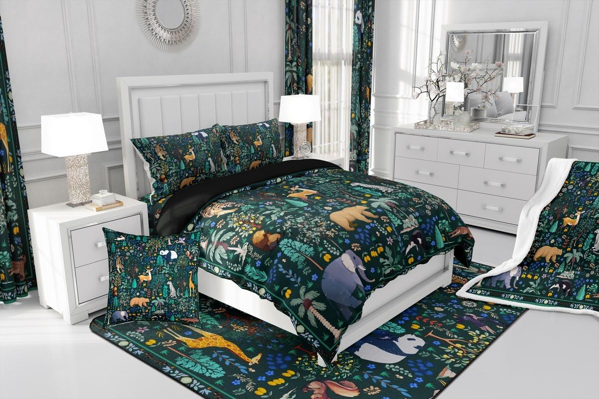 Feelyou Jungle ding Set for Kids Boys Girls Cabin Bear Tiger Deer Elephant Duvet Quilt Twin Size Cute Pada Leopard Woodland Green Botnaical Comforter Set with 1 Pillow Case Wild Animals Black 2Pcs