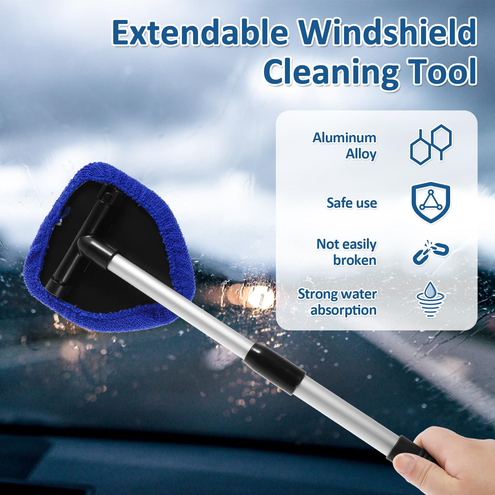 ZJRDYYK Windshield Cleaning Tool, Car Window Cleaner Tool with 4 Reusable and Washable Microfiber Pads and Extendable Handle, Car Cleaner Kit Interior and Exterior (Blue)
