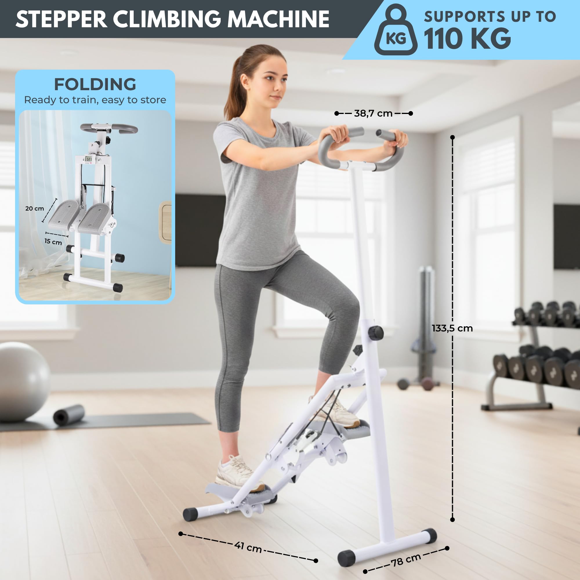 Máquina Escalada. Escalador de Fitness Plegable, Escalones Entrenamiento con Manillar y Pedales. Pantalla LCD y Resistencia Ajustable para Ejercicio Cardio en Casa.